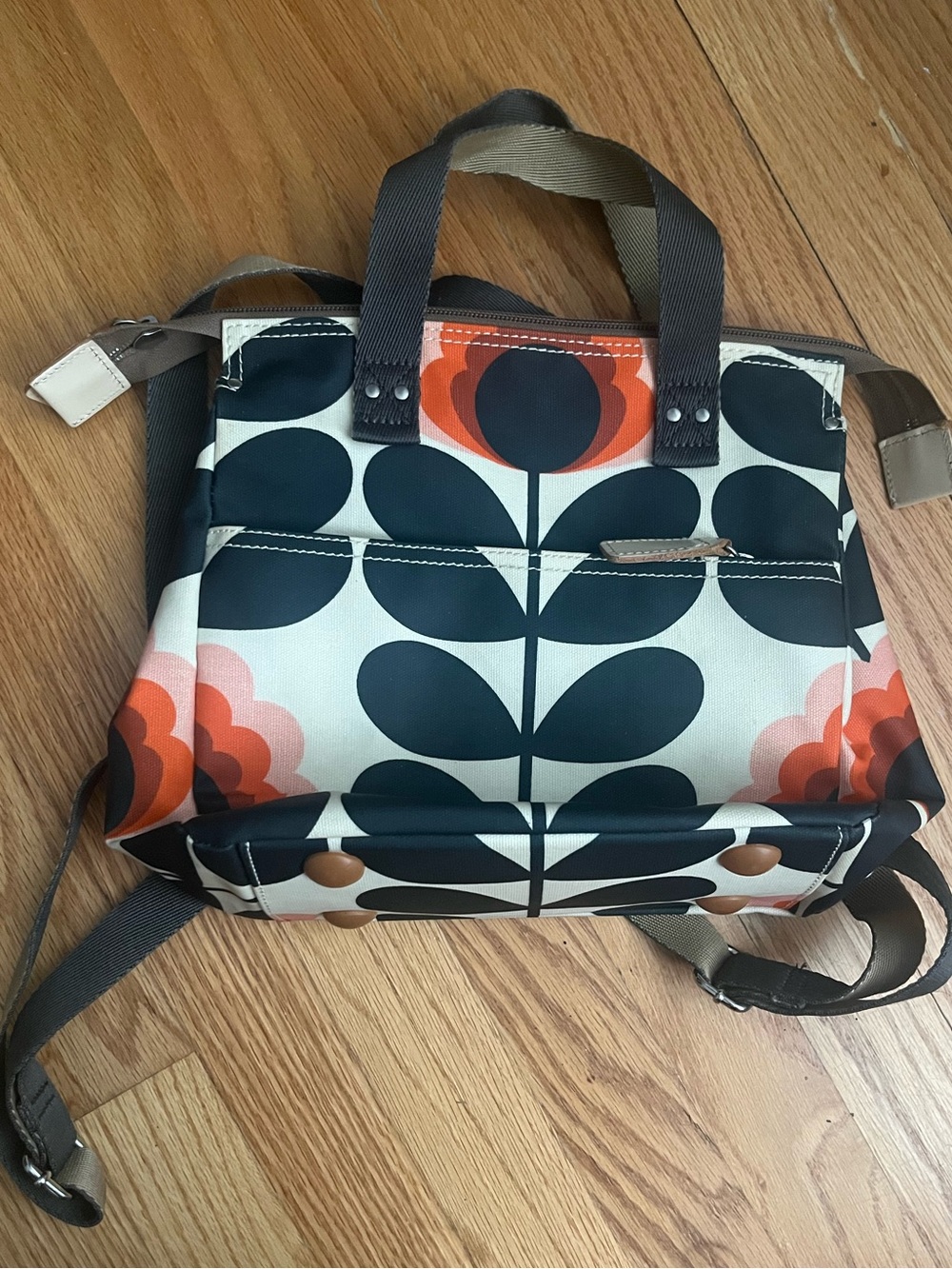 Orla Kiely Floral Retro Tote Backpack in Black, Cream & Orange